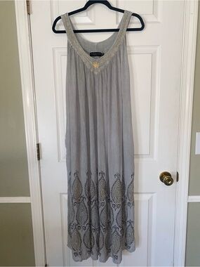 Ingear Gray Maxi Muumuu Dress with Gold Embroidery- Resort, Lounge, Patio Dress